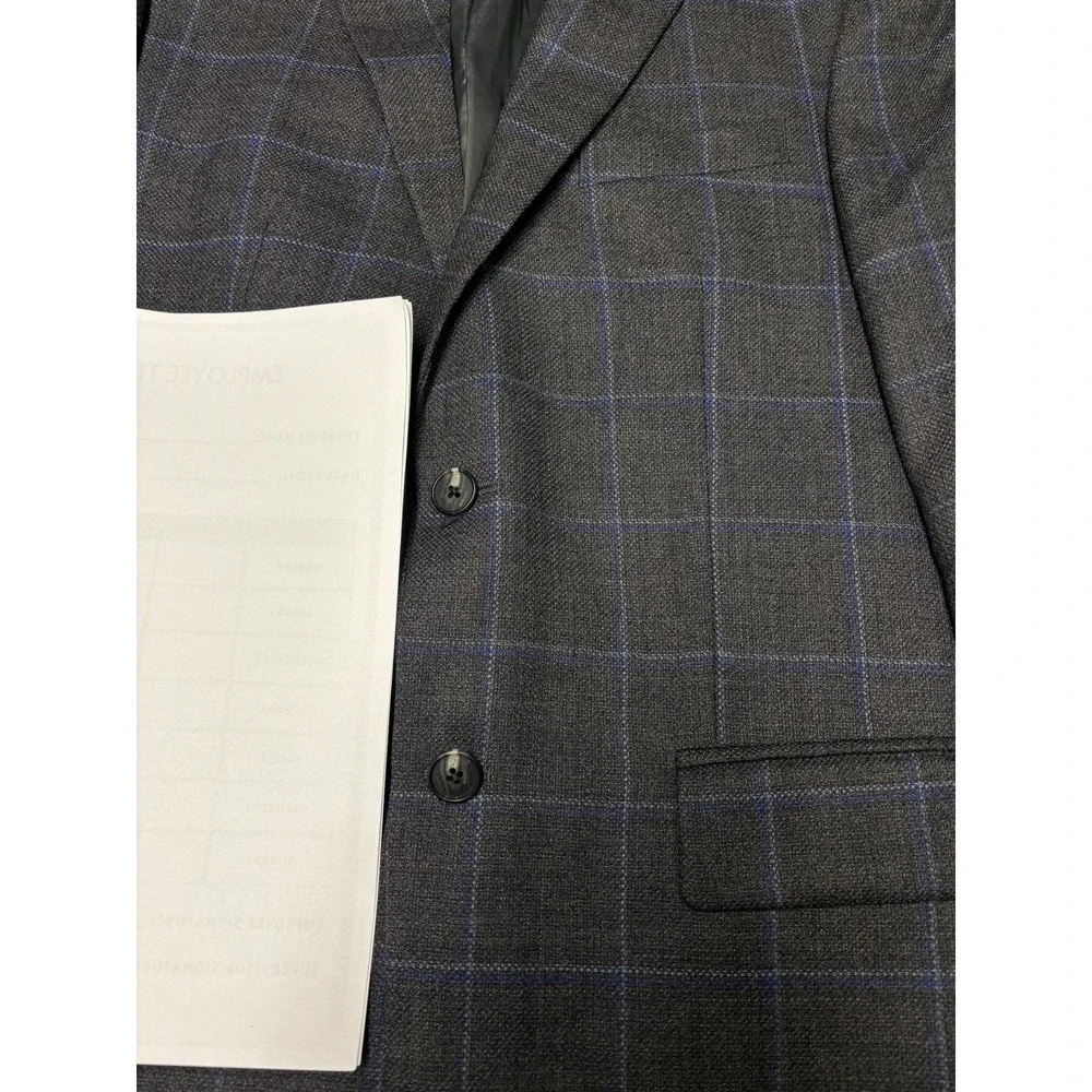 Jos. A. Bank Traveler Blazer Mens 40R Grey Blue Windowpane Plaid 100% Wool
